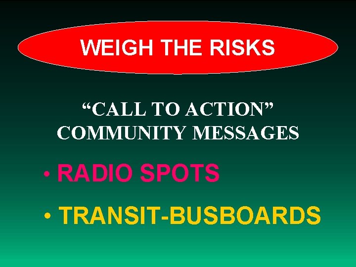 WEIGH THE RISKS “CALL TO ACTION” COMMUNITY MESSAGES • RADIO SPOTS • TRANSIT-BUSBOARDS 