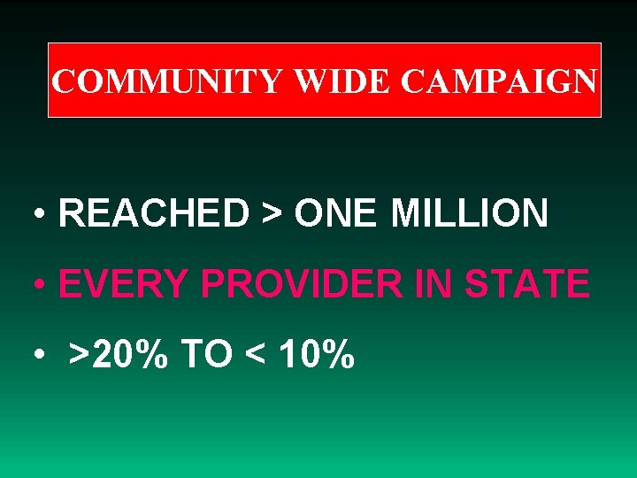 COMMUNITY WIDE CAMPAIGN • REACHED > ONE MILLION • EVERY PROVIDER IN STATE •