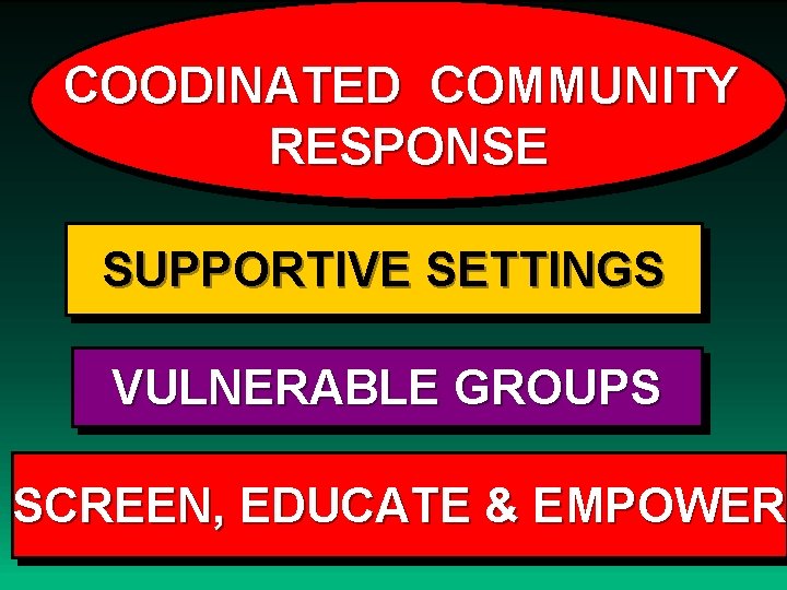 COODINATED COMMUNITY RESPONSE SUPPORTIVE SETTINGS VULNERABLE GROUPS SCREEN, EDUCATE & EMPOWER 