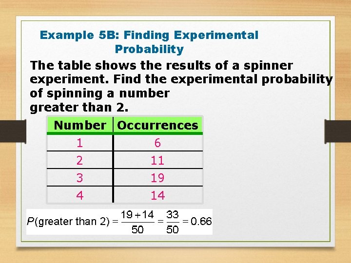 Example 5 B: Finding Experimental Probability The table shows the results of a spinner