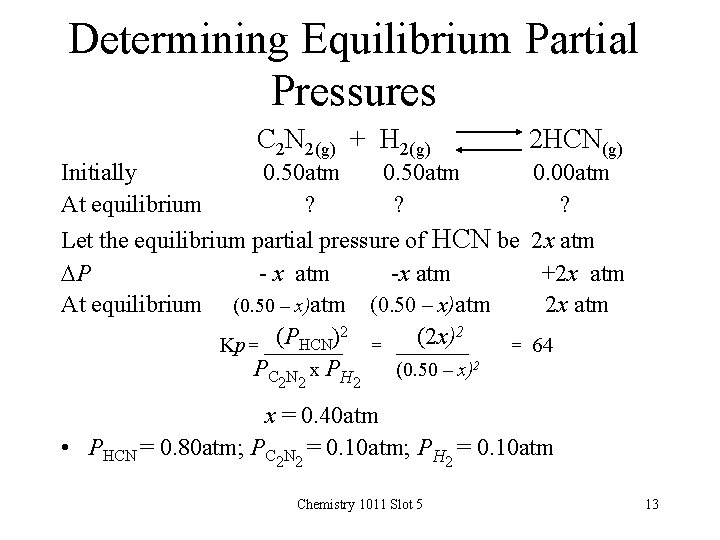 Determining Equilibrium Partial Pressures Initially At equilibrium C 2 N 2(g) + H 2(g)