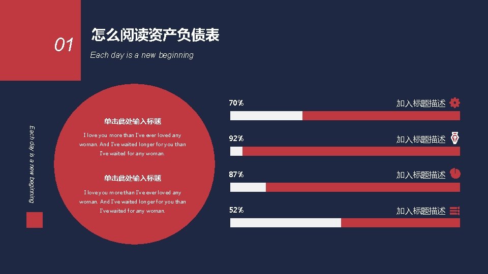 01 怎么阅读资产负债表 Each day is a new beginning 70% 加入标题描述 92% 加入标题描述 87% 加入标题描述