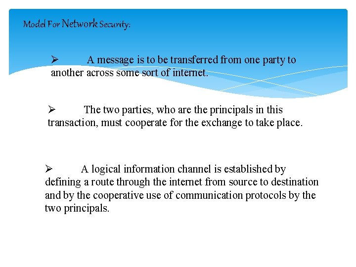 Model For Network Security: Ø A message is to be transferred from one party