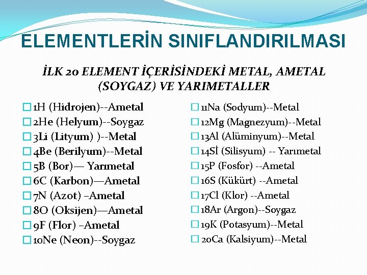 ELEMENTLERİN SINIFLANDIRILMASI İLK 20 ELEMENT İÇERİSİNDEKİ METAL, AMETAL (SOYGAZ) VE YARIMETALLER � 1 H