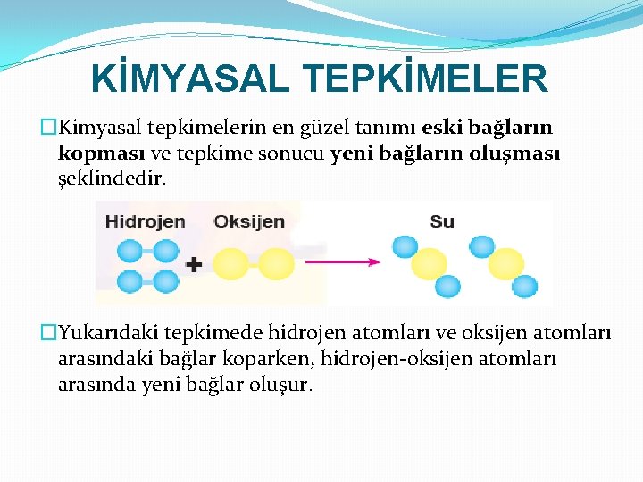 KİMYASAL TEPKİMELER �Kimyasal tepkimelerin en güzel tanımı eski bağların kopması ve tepkime sonucu yeni