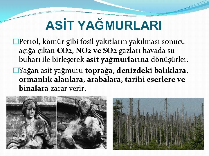 ASİT YAĞMURLARI �Petrol, kömür gibi fosil yakıtların yakılması sonucu açığa çıkan CO 2, NO