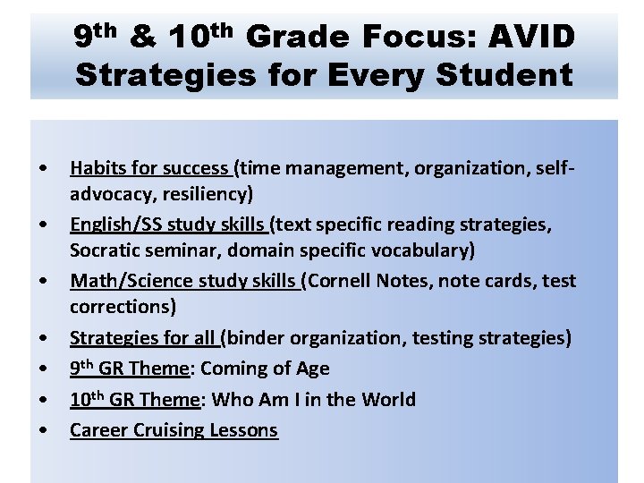 9 th & 10 th Grade Focus: AVID Strategies for Every Student • Habits