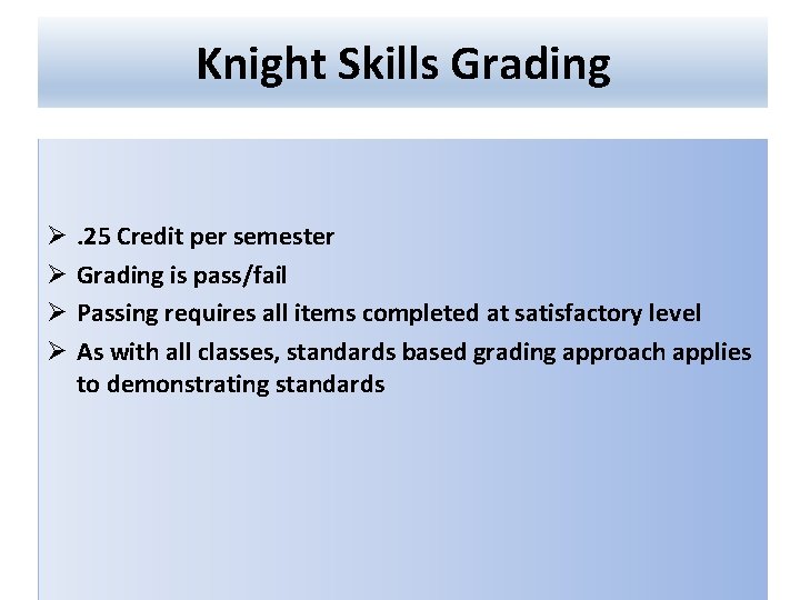 Knight Skills Grading Ø Ø . 25 Credit per semester Grading is pass/fail Passing