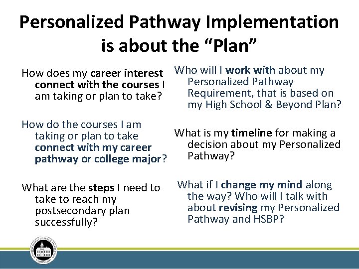 Personalized Pathway Implementation is about the “Plan” How does my career interest Who will