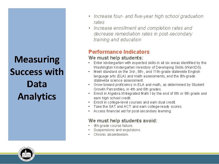  • Increase four- and five-year high school graduation rates • Increase enrollment and