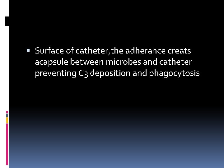 Surface of catheter, the adherance creats acapsule between microbes and catheter preventing C