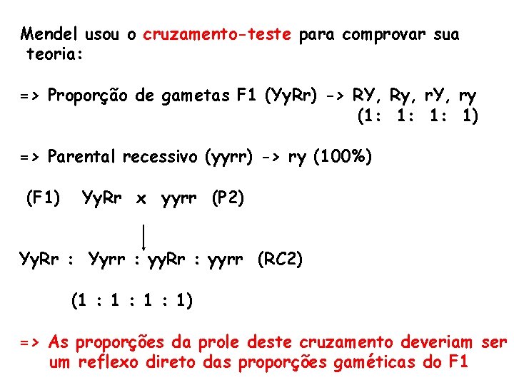 Mendel usou o cruzamento-teste para comprovar sua teoria: => Proporção de gametas F 1