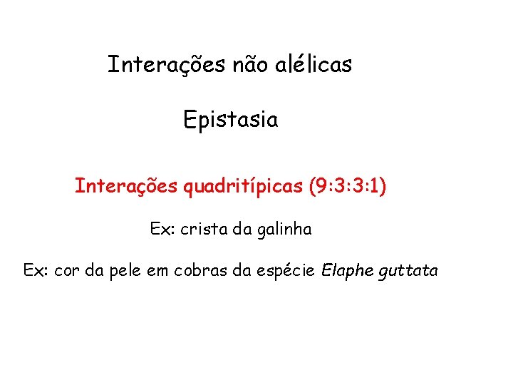 Interações não alélicas Epistasia Interações quadritípicas (9: 3: 3: 1) Ex: crista da galinha