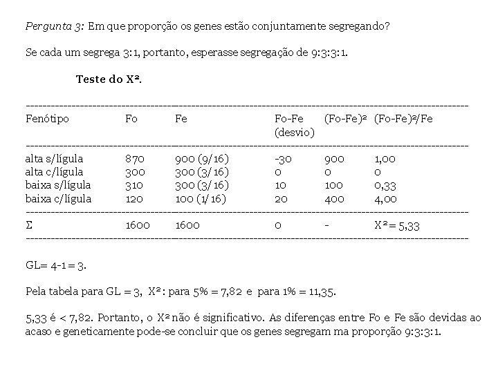 Pergunta 3: Em que proporção os genes estão conjuntamente segregando? Se cada um segrega