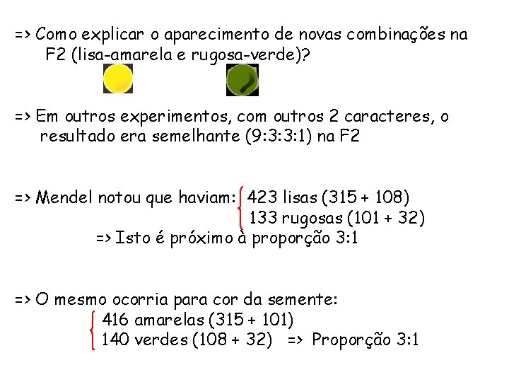 => Como explicar o aparecimento de novas combinações na F 2 (lisa-amarela e rugosa-verde)?