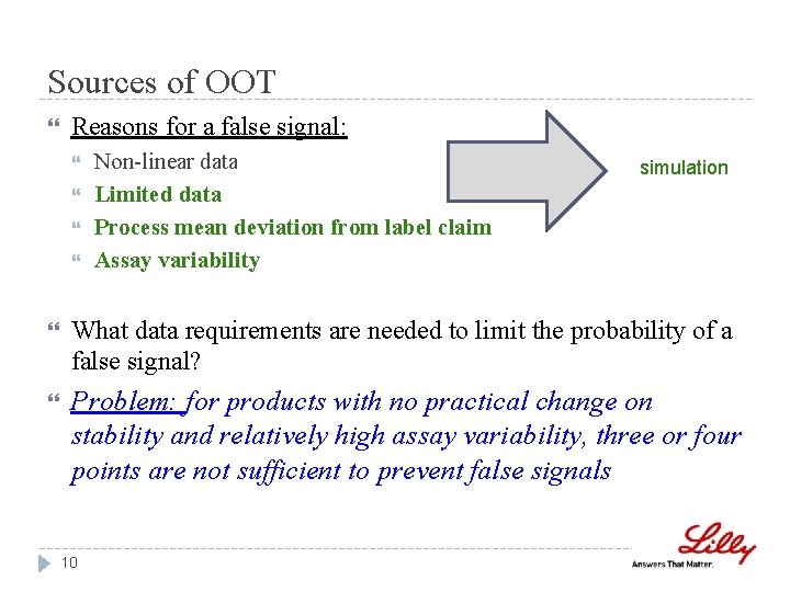 Sources of OOT Reasons for a false signal: Non-linear data Limited data Process mean Sources of OOT Reasons for a false signal: Non-linear data Limited data Process mean