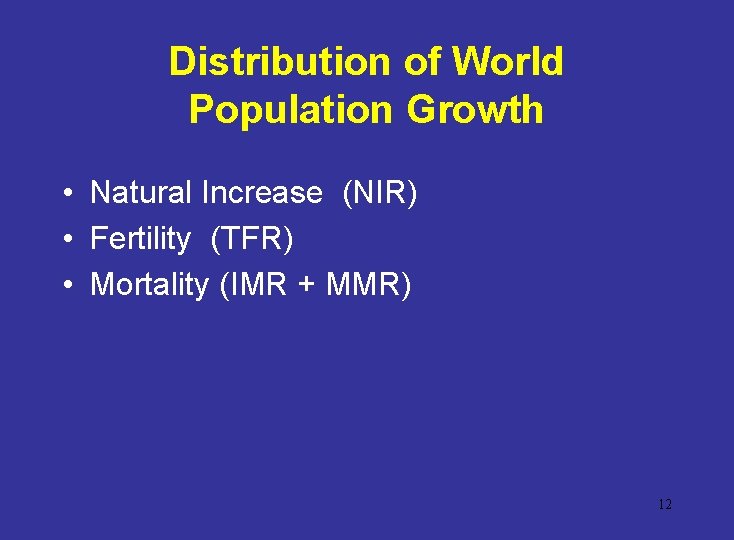 Distribution of World Population Growth • Natural Increase (NIR) • Fertility (TFR) • Mortality