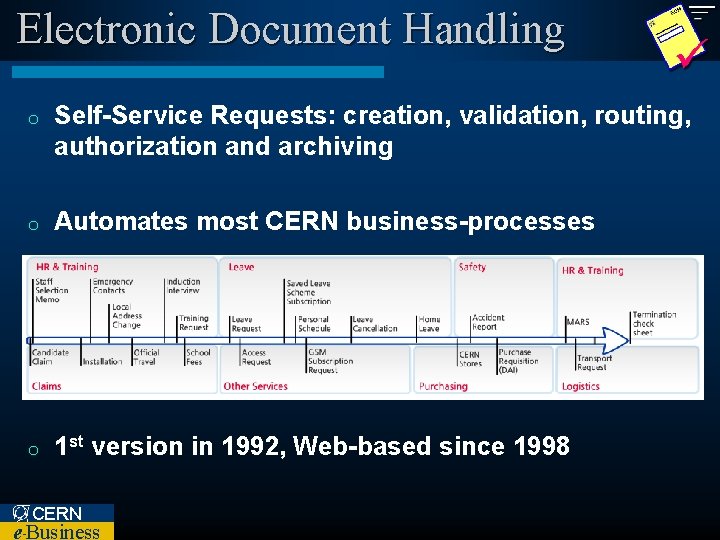 Electronic Document Handling o Self-Service Requests: creation, validation, routing, authorization and archiving o Automates