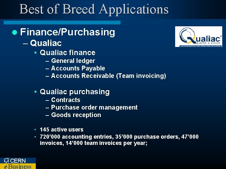 Best of Breed Applications l Finance/Purchasing – Qualiac • Qualiac finance – General ledger