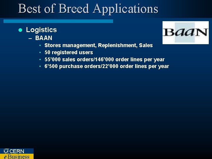 Best of Breed Applications l Logistics – BAAN • • CERN e Business –