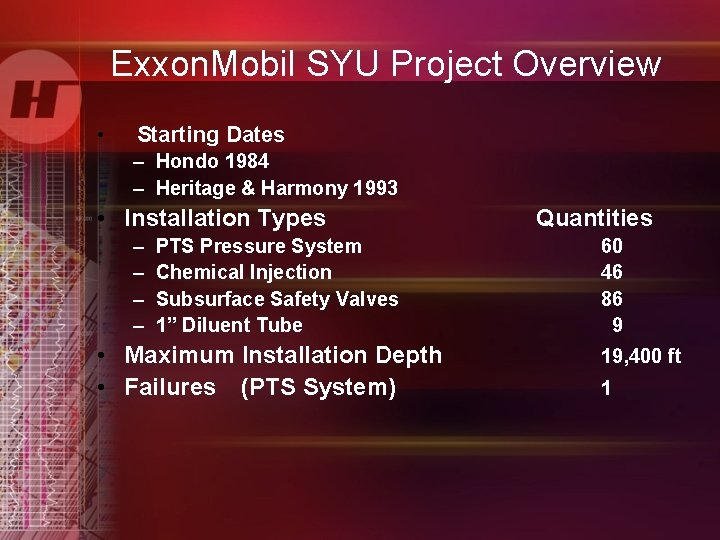 Exxon. Mobil SYU Project Overview • Starting Dates – Hondo 1984 – Heritage &