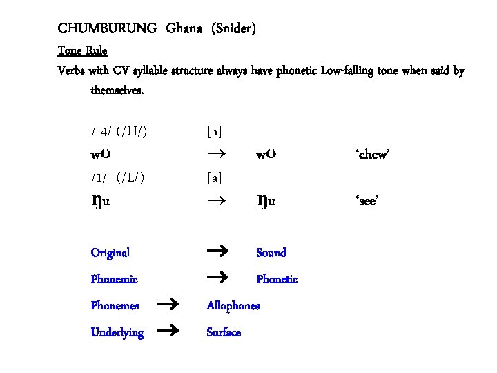 CHUMBURUNG Ghana (Snider) Tone Rule Verbs with CV syllable structure always have phonetic Low-falling