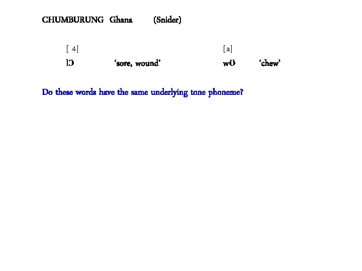 CHUMBURUNG Ghana [ 4] lɔ (Snider) ‘sore, wound’ [a] wʊ Do these words have