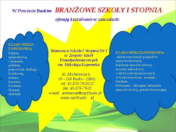 W Powiecie Buskim BRANŻOWE SZKOŁY I STOPNIA oferują kształcenie w zawodach: KLASA WIELOZAWODOWA: fryzjer,