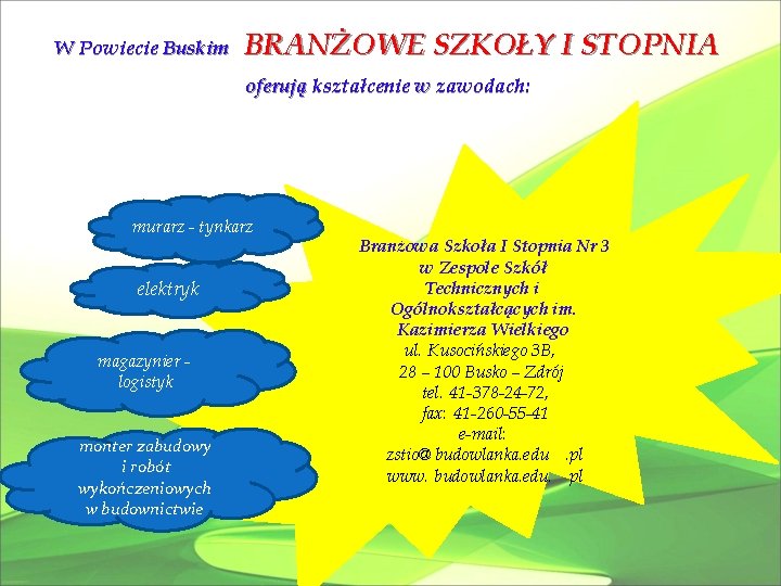 W Powiecie Buskim BRANŻOWE SZKOŁY I STOPNIA oferują kształcenie w zawodach: murarz - tynkarz