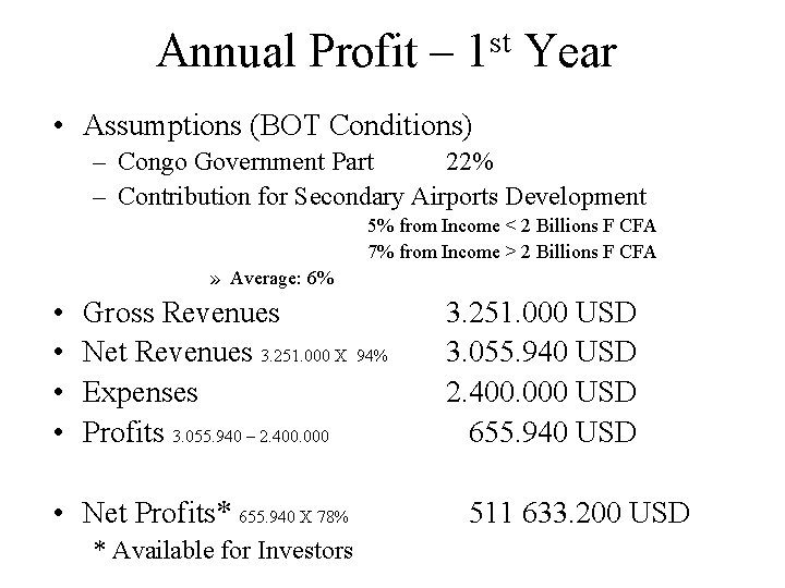Annual Profit – st 1 Year • Assumptions (BOT Conditions) – Congo Government Part