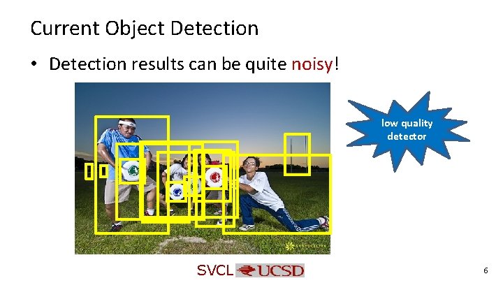 Current Object Detection • Detection results can be quite noisy! low quality detector SVCL Current Object Detection • Detection results can be quite noisy! low quality detector SVCL