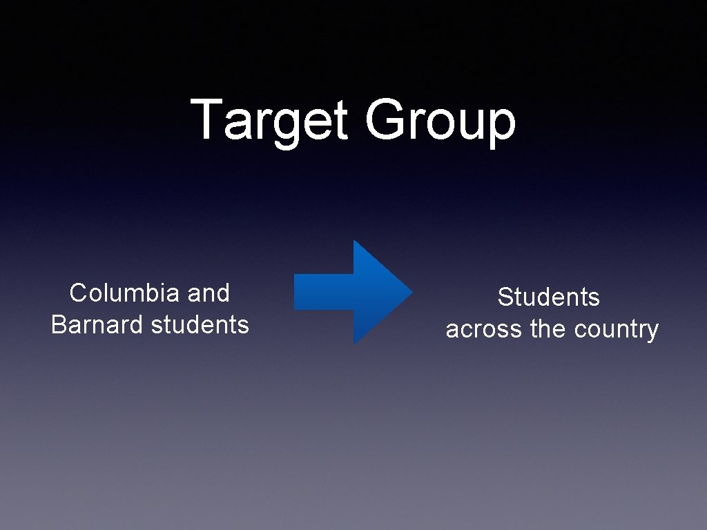 Target Group Columbia and Barnard students Students across the country 