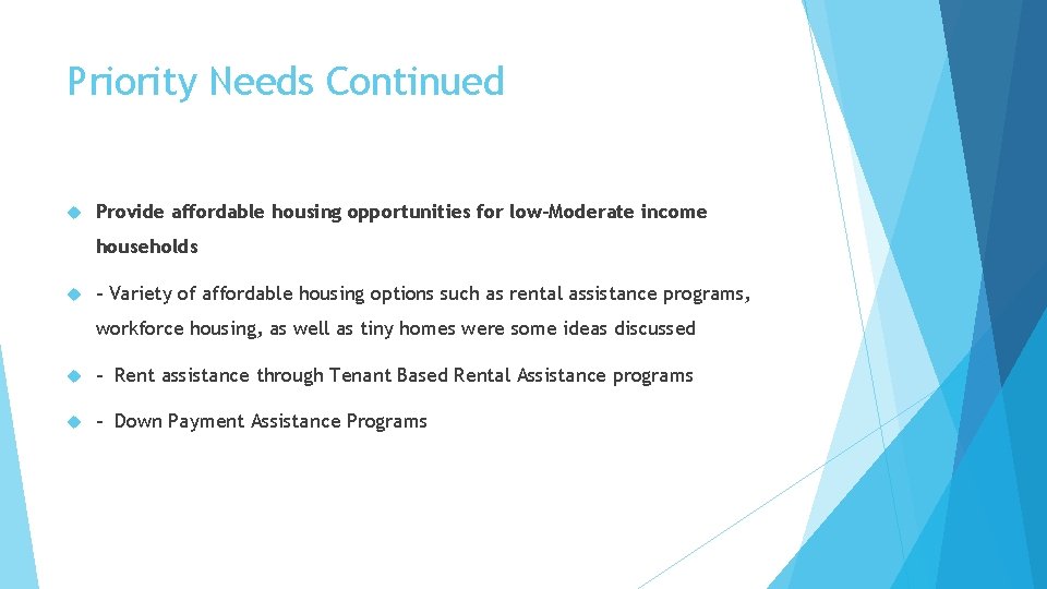 Priority Needs Continued Provide affordable housing opportunities for low-Moderate income households - Variety of