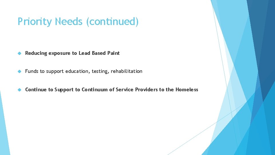 Priority Needs (continued) Reducing exposure to Lead Based Paint Funds to support education, testing,