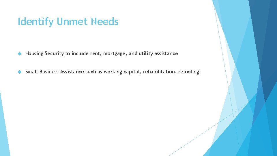 Identify Unmet Needs Housing Security to include rent, mortgage, and utility assistance Small Business