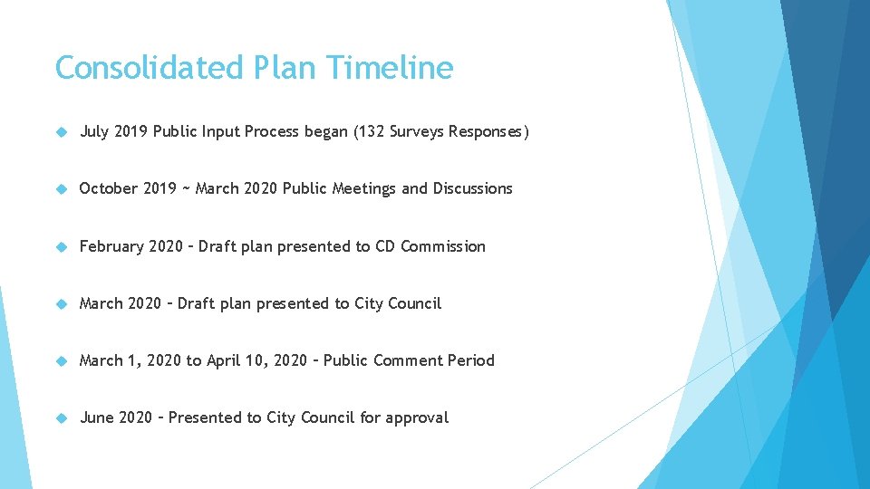 Consolidated Plan Timeline July 2019 Public Input Process began (132 Surveys Responses) October 2019