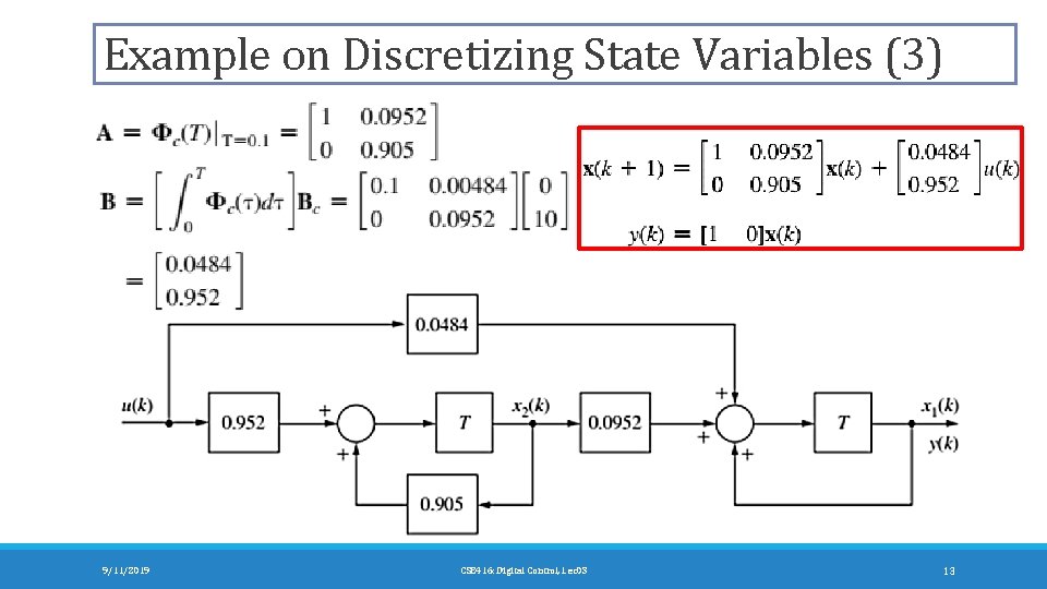 Example on Discretizing State Variables (3) 9/11/2019 CSE 416: Digital Control, Lec 03 13