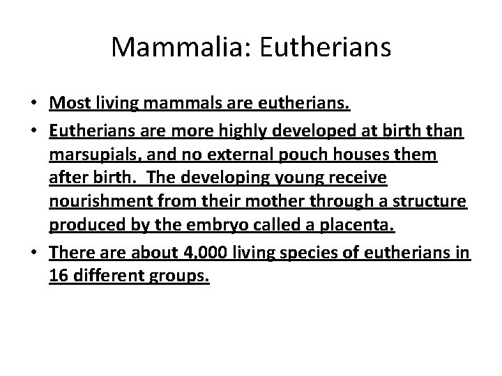 Mammalia: Eutherians • Most living mammals are eutherians. • Eutherians are more highly developed