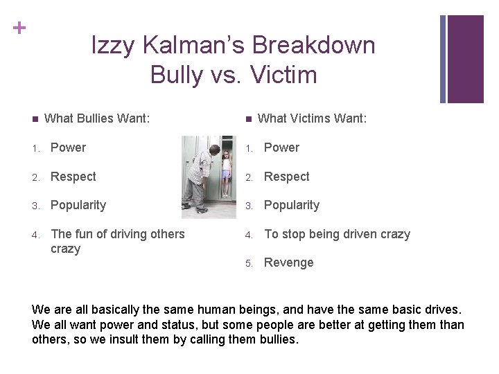 + Izzy Kalman’s Breakdown Bully vs. Victim n What Bullies Want: n What Victims