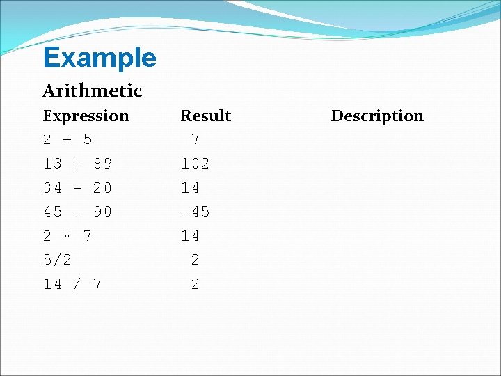 Example Arithmetic Expression 2 + 5 13 + 89 34 - 20 45 -