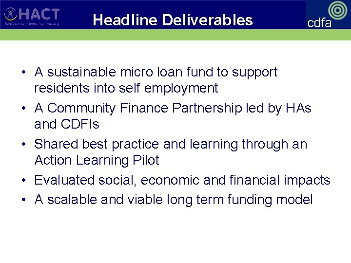 Headline Deliverables • A sustainable micro loan fund to support residents into self employment