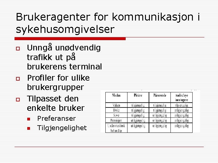 Brukeragenter for kommunikasjon i sykehusomgivelser o o o Unngå unødvendig trafikk ut på brukerens