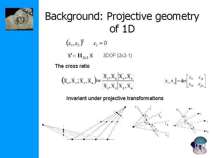 Background: Projective geometry of 1 D 3 DOF (2 x 2 -1) The cross