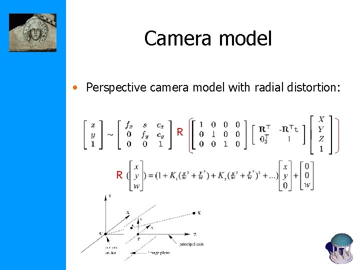 Camera model • Perspective camera model with radial distortion: R R 