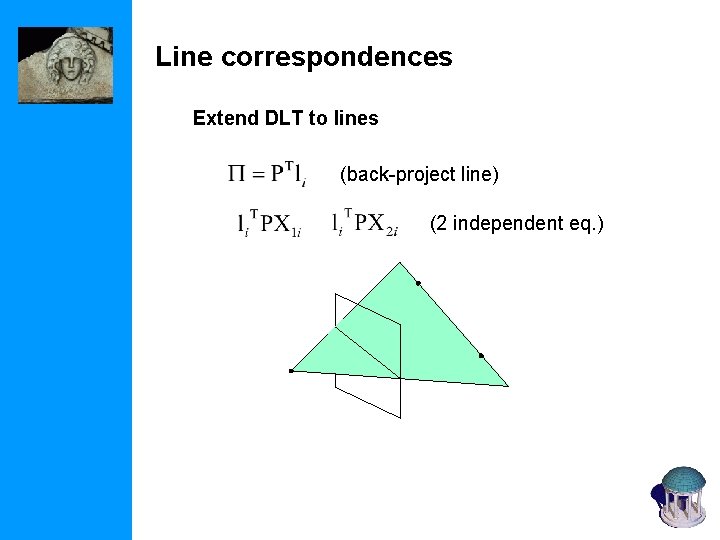 Line correspondences Extend DLT to lines (back-project line) (2 independent eq. ) 
