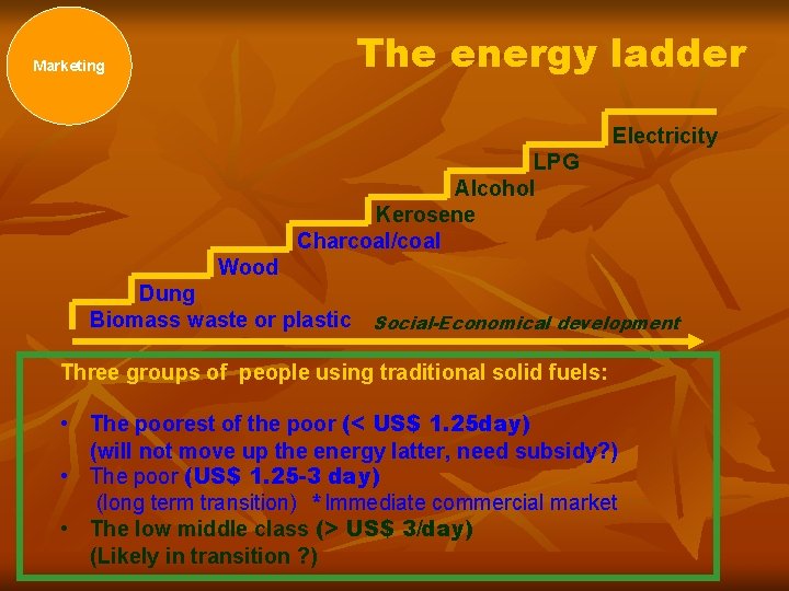 The energy ladder Marketing Electricity LPG Alcohol Kerosene Charcoal/coal Wood Dung Biomass waste or