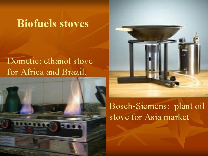 Biofuels stoves Dometic: ethanol stove for Africa and Brazil. Bosch-Siemens: plant oil stove for