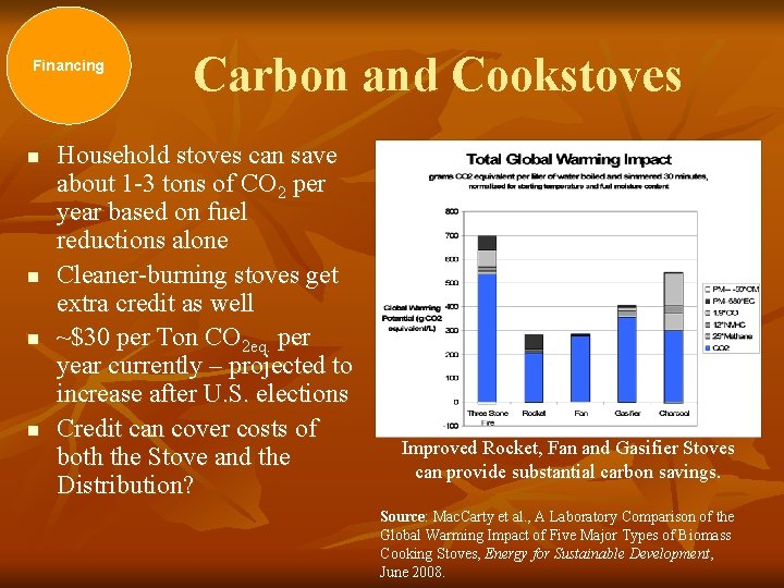 Financing n n Carbon and Cookstoves Household stoves can save about 1 -3 tons