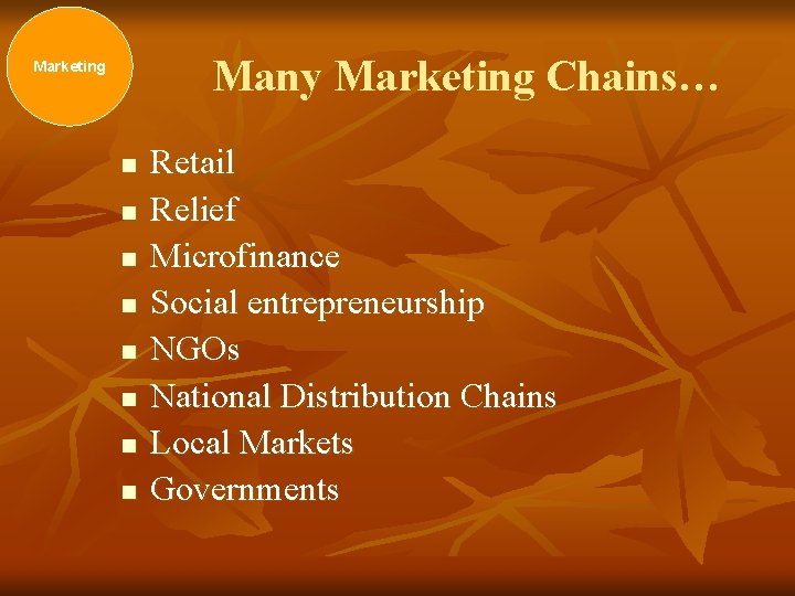 Many Marketing Chains… Marketing n n n n Retail Relief Microfinance Social entrepreneurship NGOs