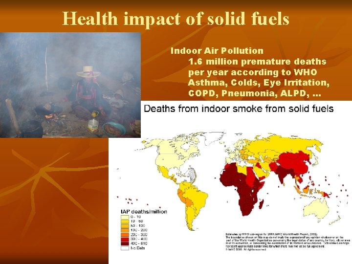 Health impact of solid fuels Indoor Air Pollution 1. 6 million premature deaths per